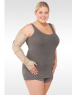 Juzo Reversa lymphedema compression wrap for the arm (arm compression wrap) worn with the gauntlet-style hand compression wrap
